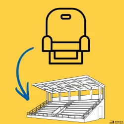 A depiction of a portable, foldable stadium seat with an area leading to an image of stadium bleachers.